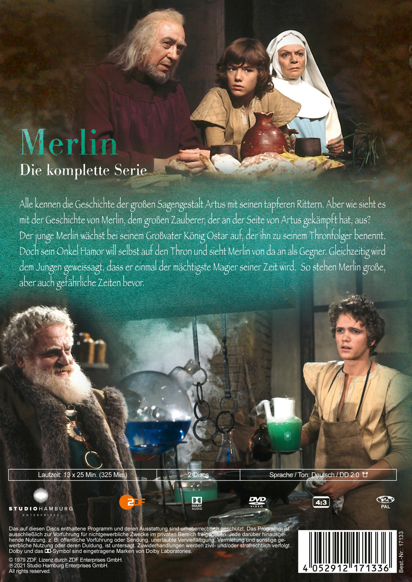 Merlin DVD-Cover mit Schauspielern, Text auf Deutsch.