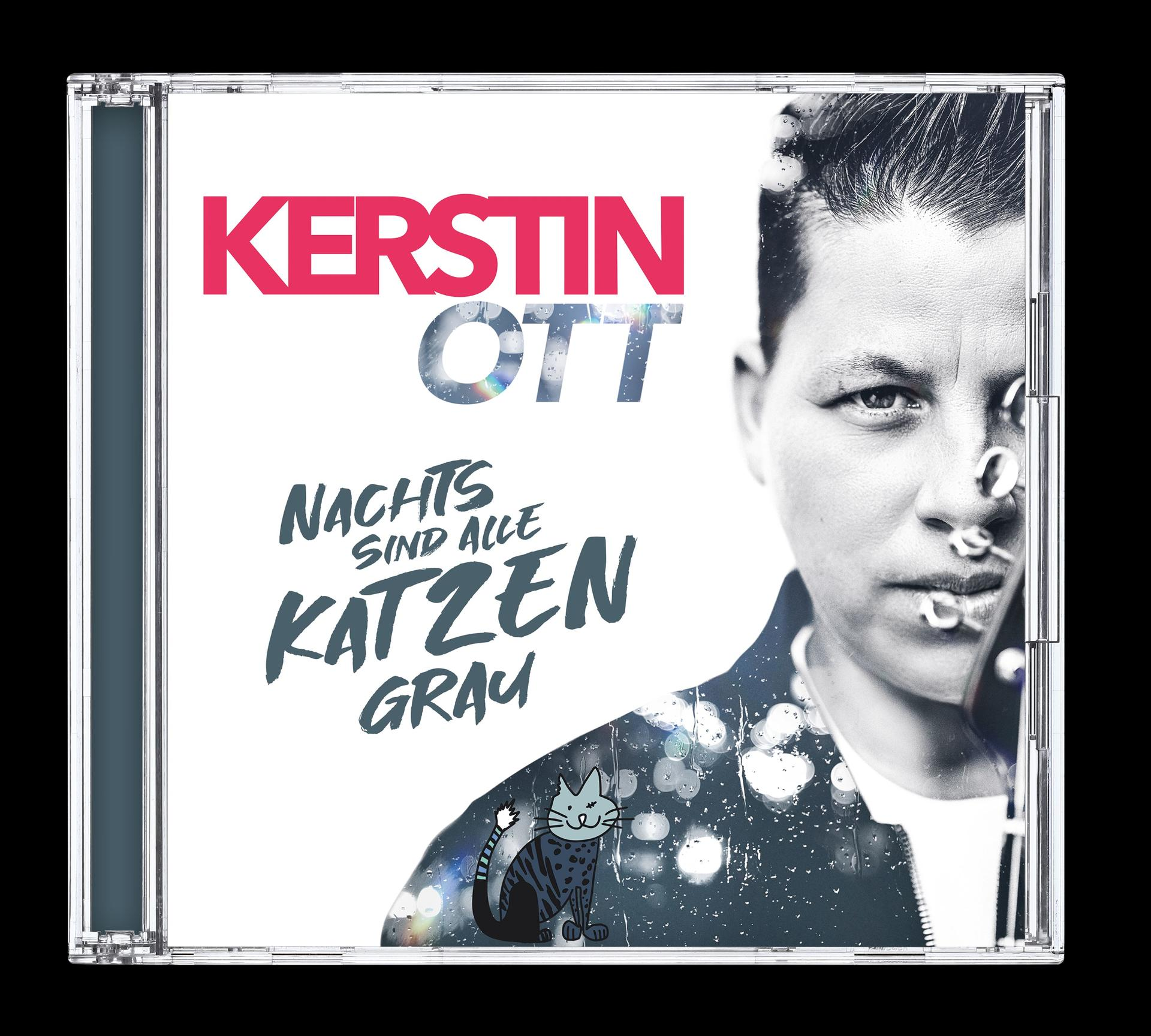 CD-Hülle mit Kerstin Ott Albumcover. Das Gesicht einer Frau mit Schrift und einer Katzenillustration.
