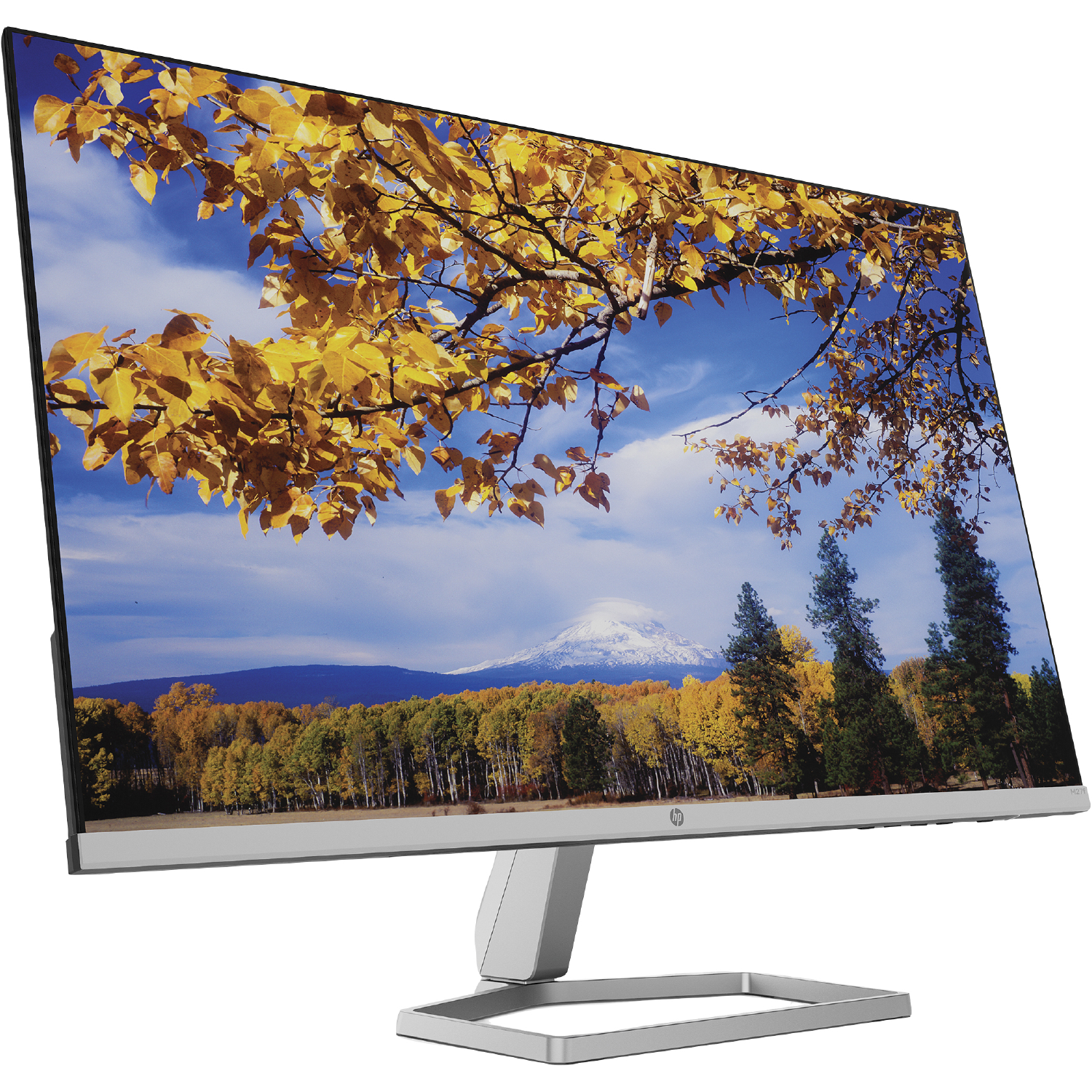 Monitor de computadora que muestra una escena de paisaje con árboles y una montaña.