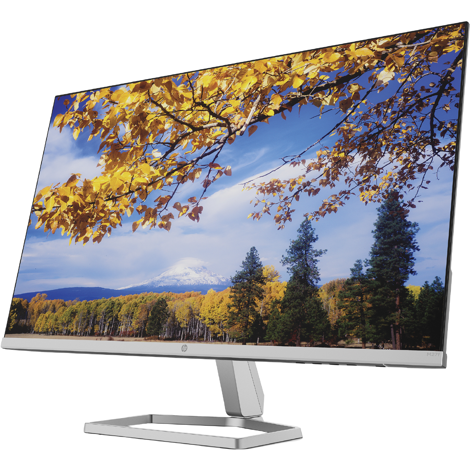 Monitor de ordenador HP que muestra un paisaje con árboles y una montaña.