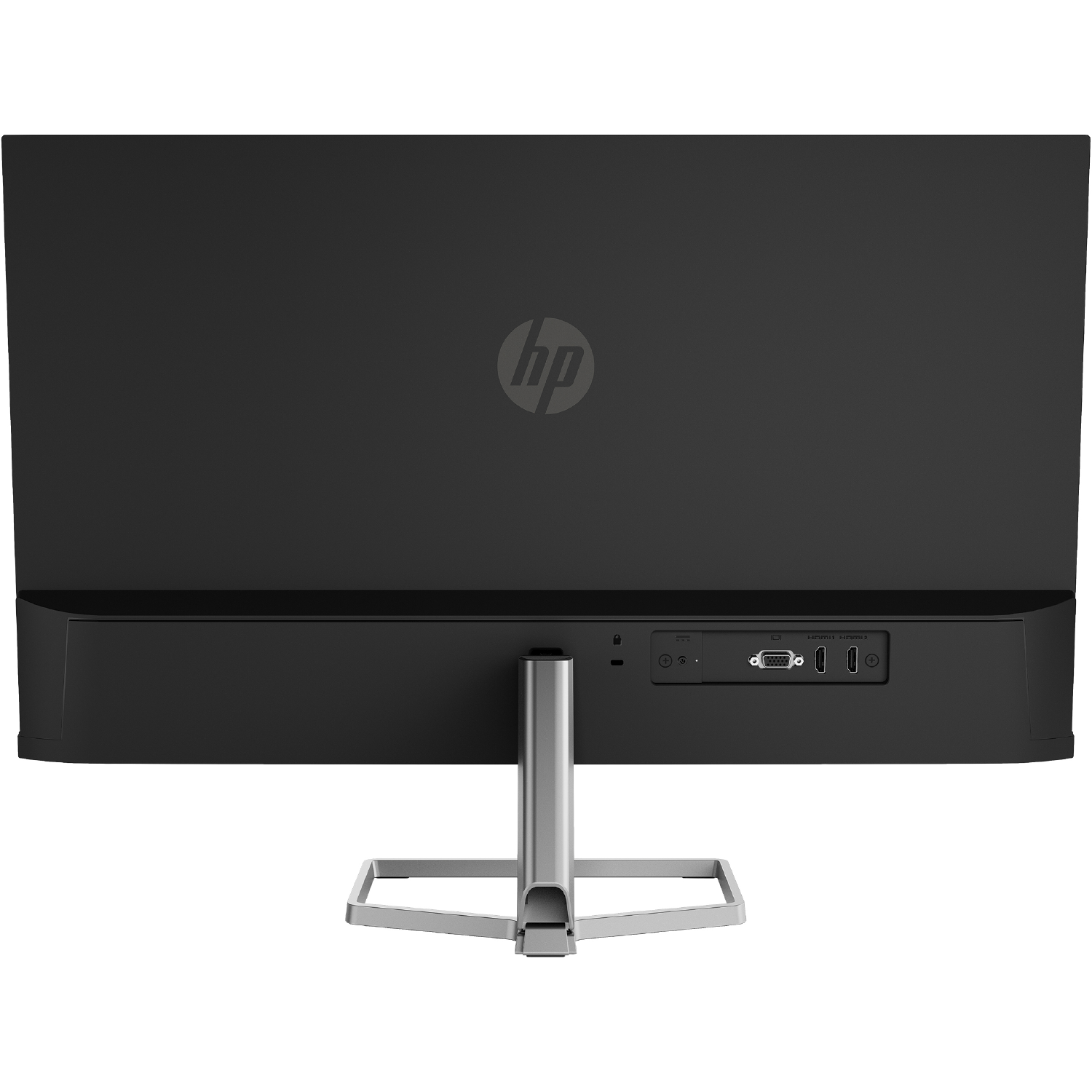 Parte trasera de un monitor HP negro con soporte plateado. Puertos visibles en la parte inferior.