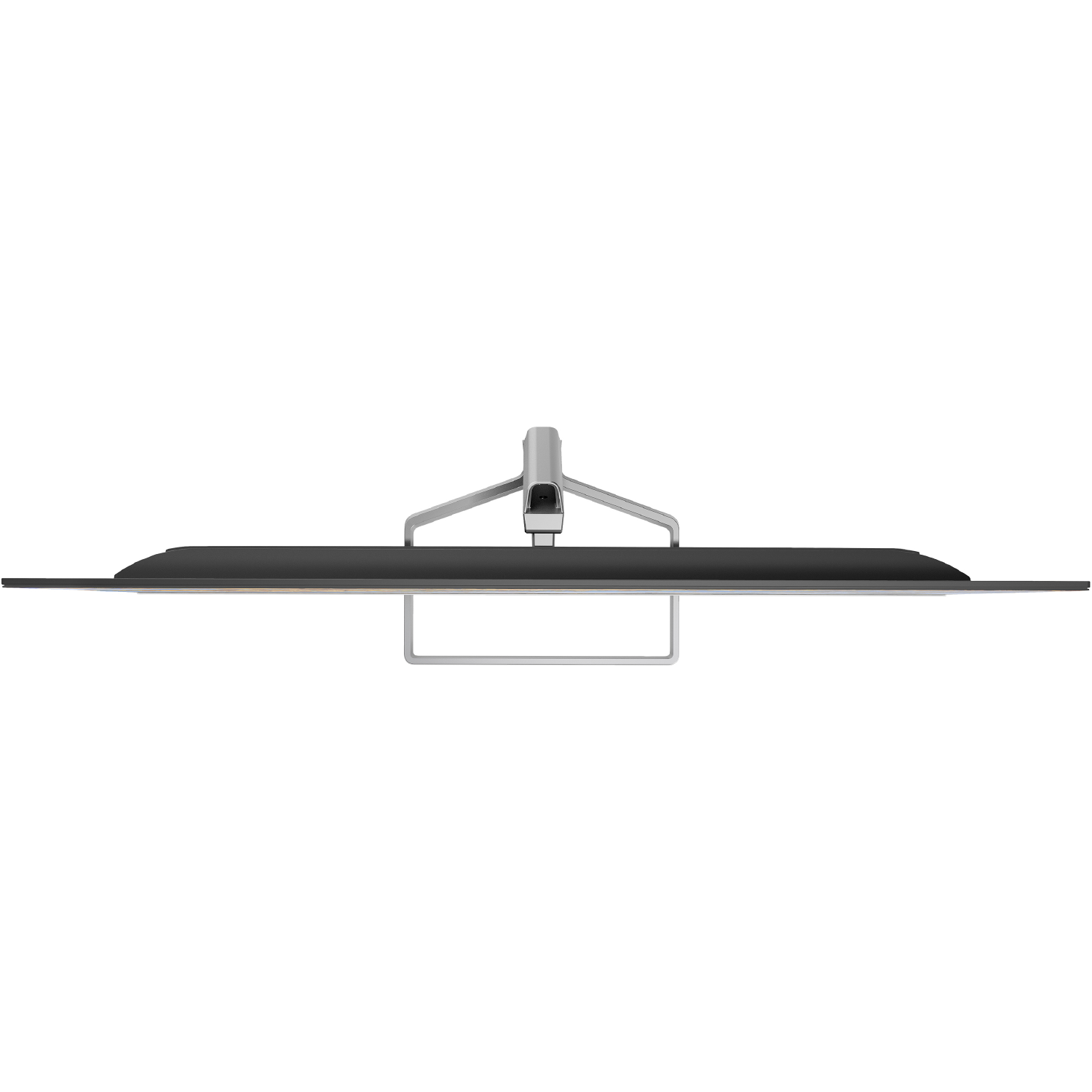 Vista superior de un televisor plateado con un soporte único, sobre un fondo blanco.