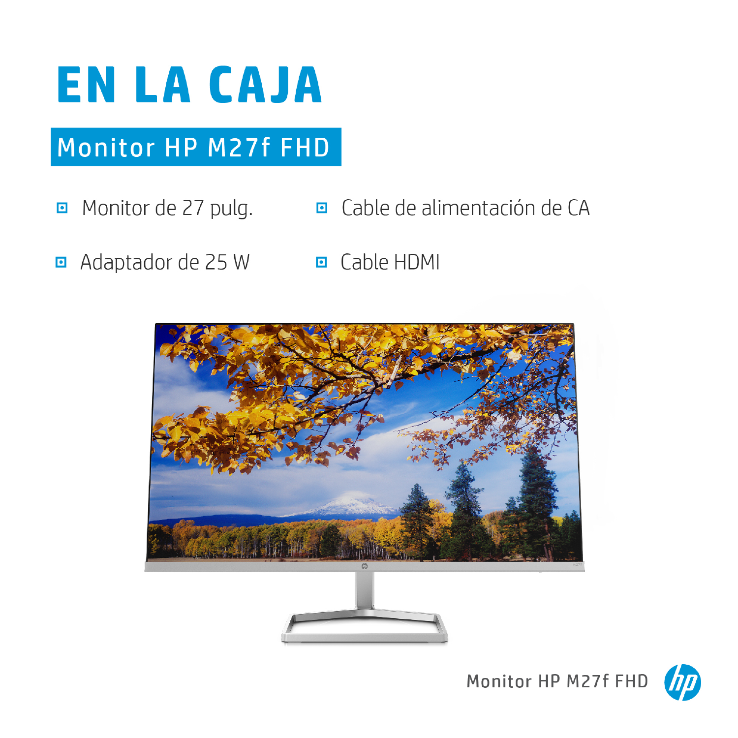 Un monitor muestra una escena de paisaje. Texto: "Monitor HP M27f FHD". Incluye cables de alimentación y HDMI.