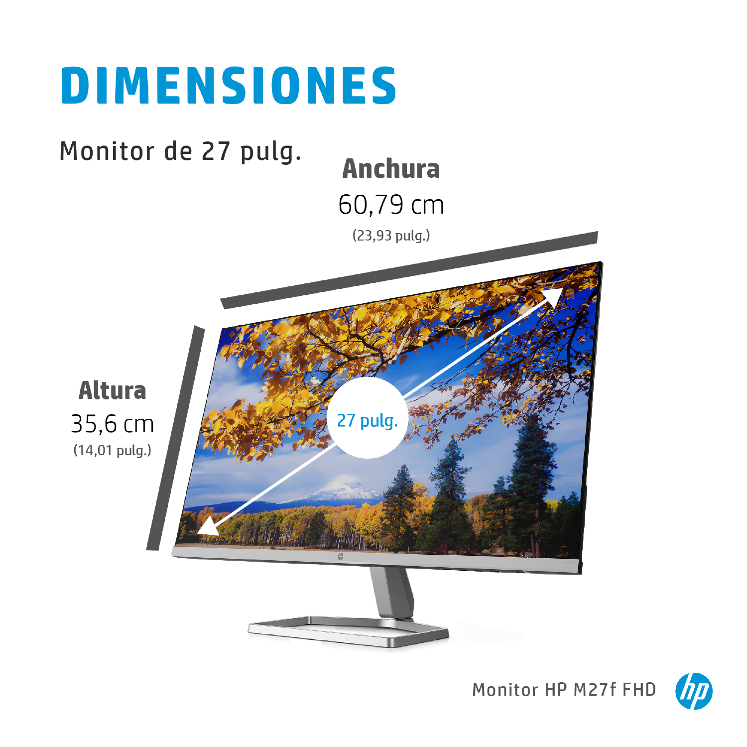 Monitor HP con dimensiones etiquetadas, mostrando una escena de bosque.