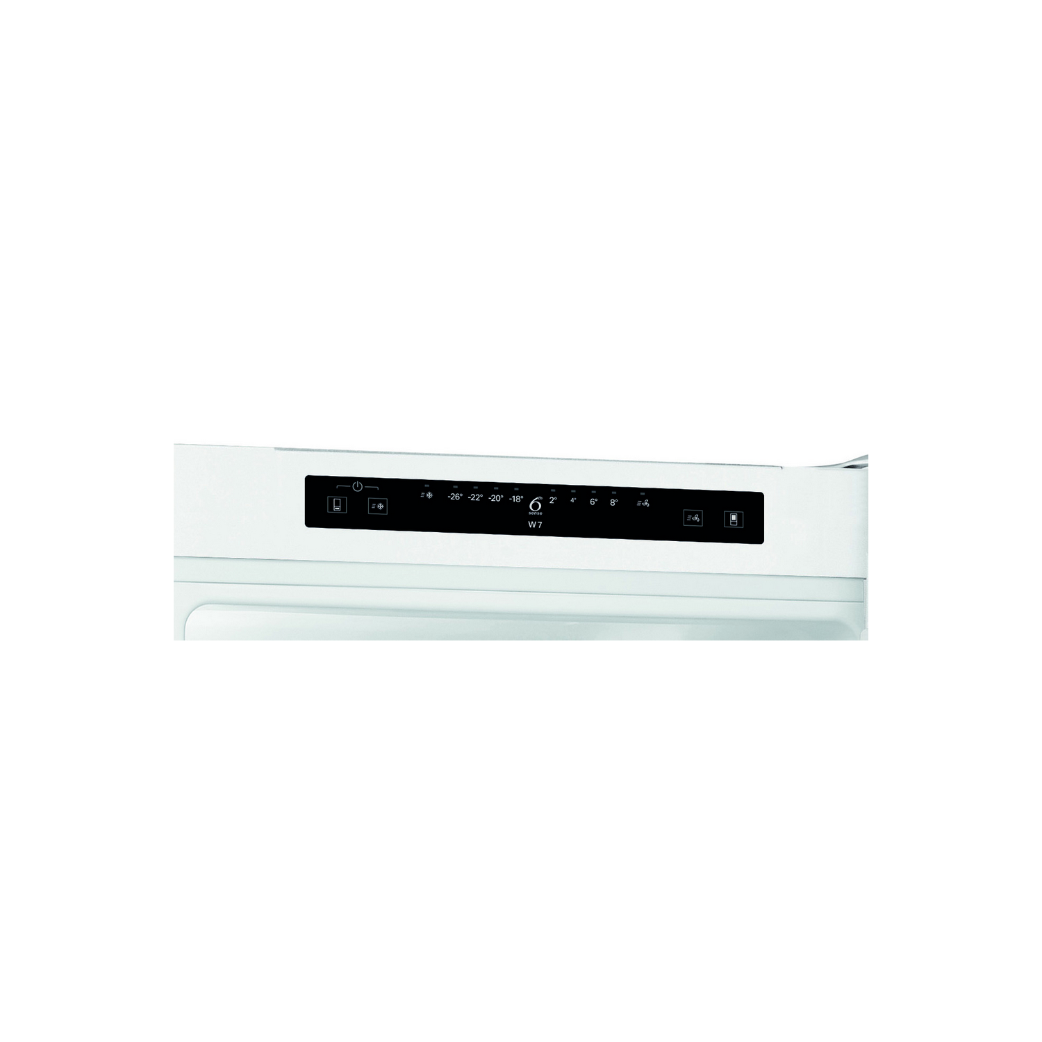 Primer plano de un panel de control de refrigerador blanco. Muestra un botón de encendido, temperaturas e iconos.