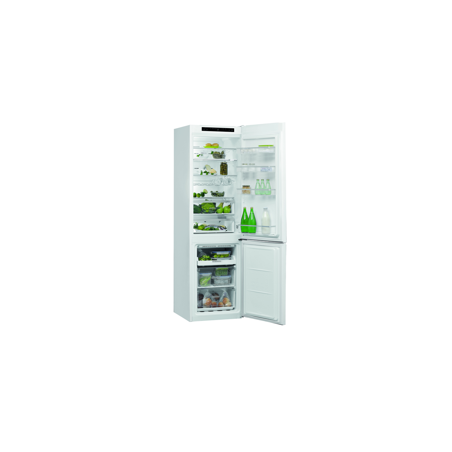 Un refrigerador blanco con la puerta abierta. En el interior, hay estantes con alimentos y verduras.