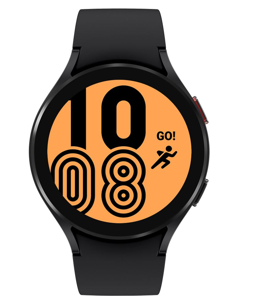 Eine schwarze Smartwatch mit orangefarbenem Display, das eine laufende Figur und die Uhrzeit 10:08 zeigt.