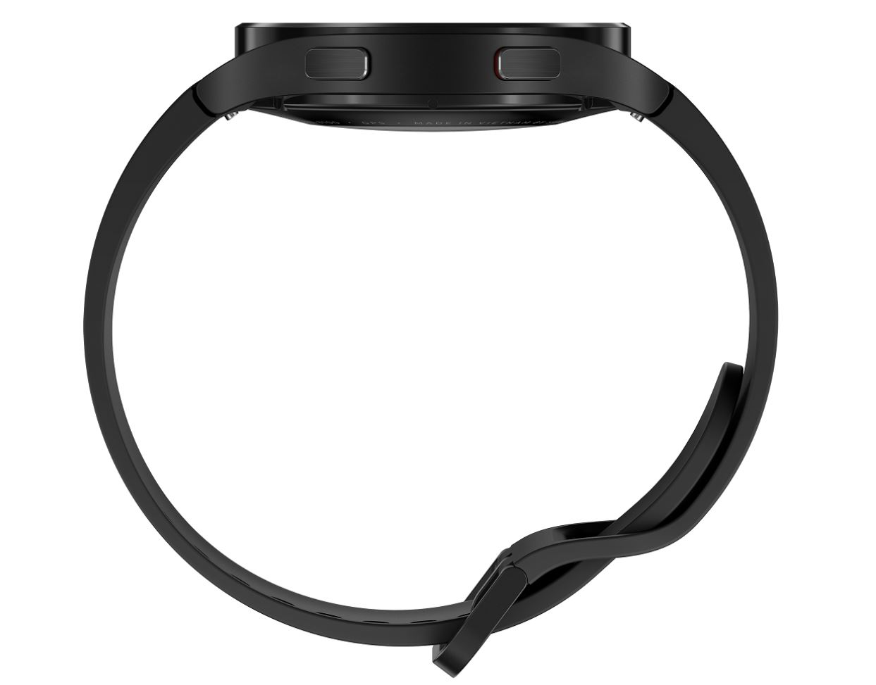 Eine schwarze Smartwatch mit schwarzem Armband, Seitenansicht.