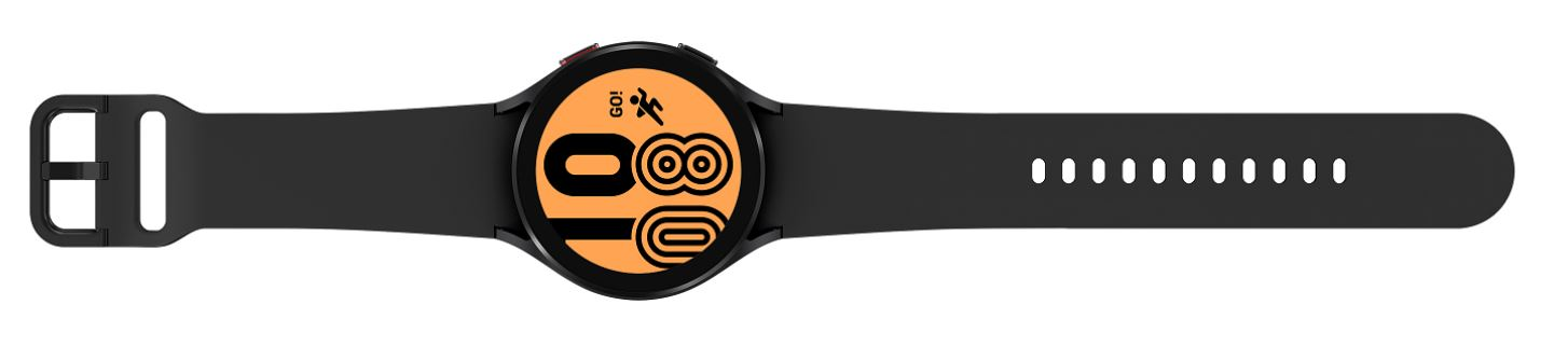Schwarze Smartwatch mit orangefarbenem Display mit Aktivitätssymbolen auf weißem Hintergrund.