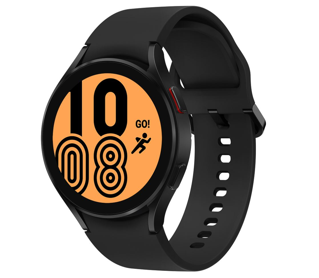 Schwarze Samsung Smartwatch mit kreisförmigem orangefarbenen Display.