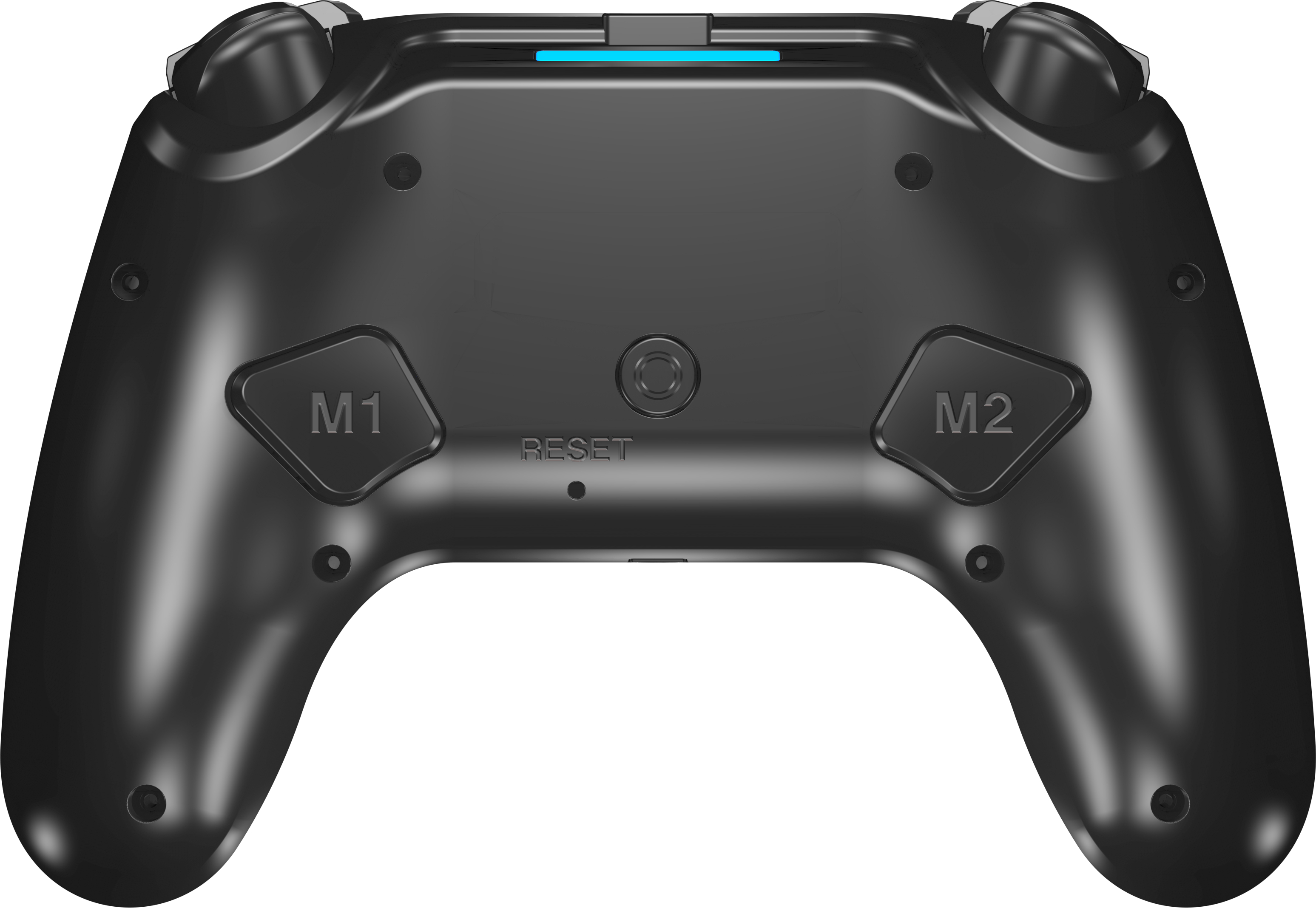 Schwarzer Gamecontroller mit den Tasten M1, M2 und Reset. Blaues Licht und zwei Joysticks oben.