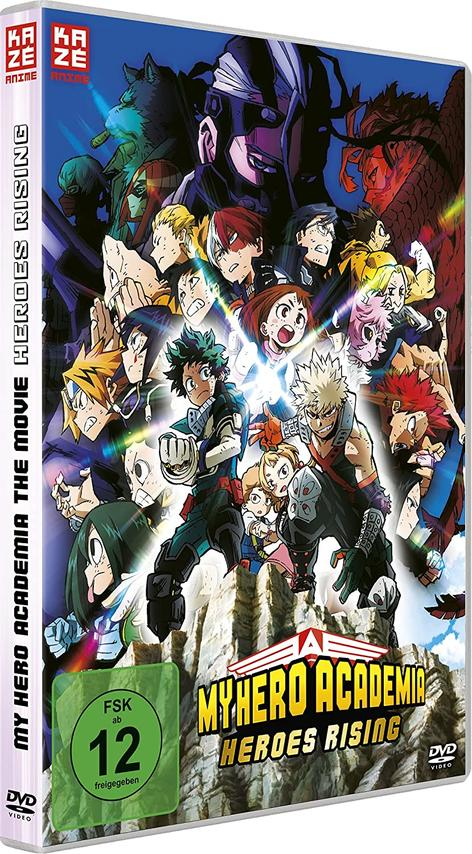 DVD-Cover für My Hero Academia: Heroes Rising, mit vielen Charakteren und Logos.