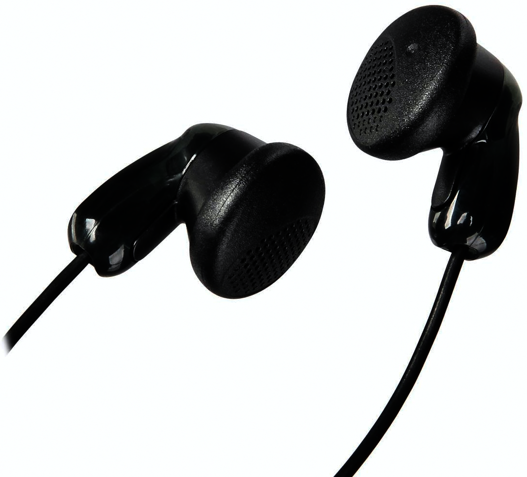 Zwei schwarze In-Ear-Kopfhörer mit Kabel. Sie sind auf weißem Hintergrund isoliert.