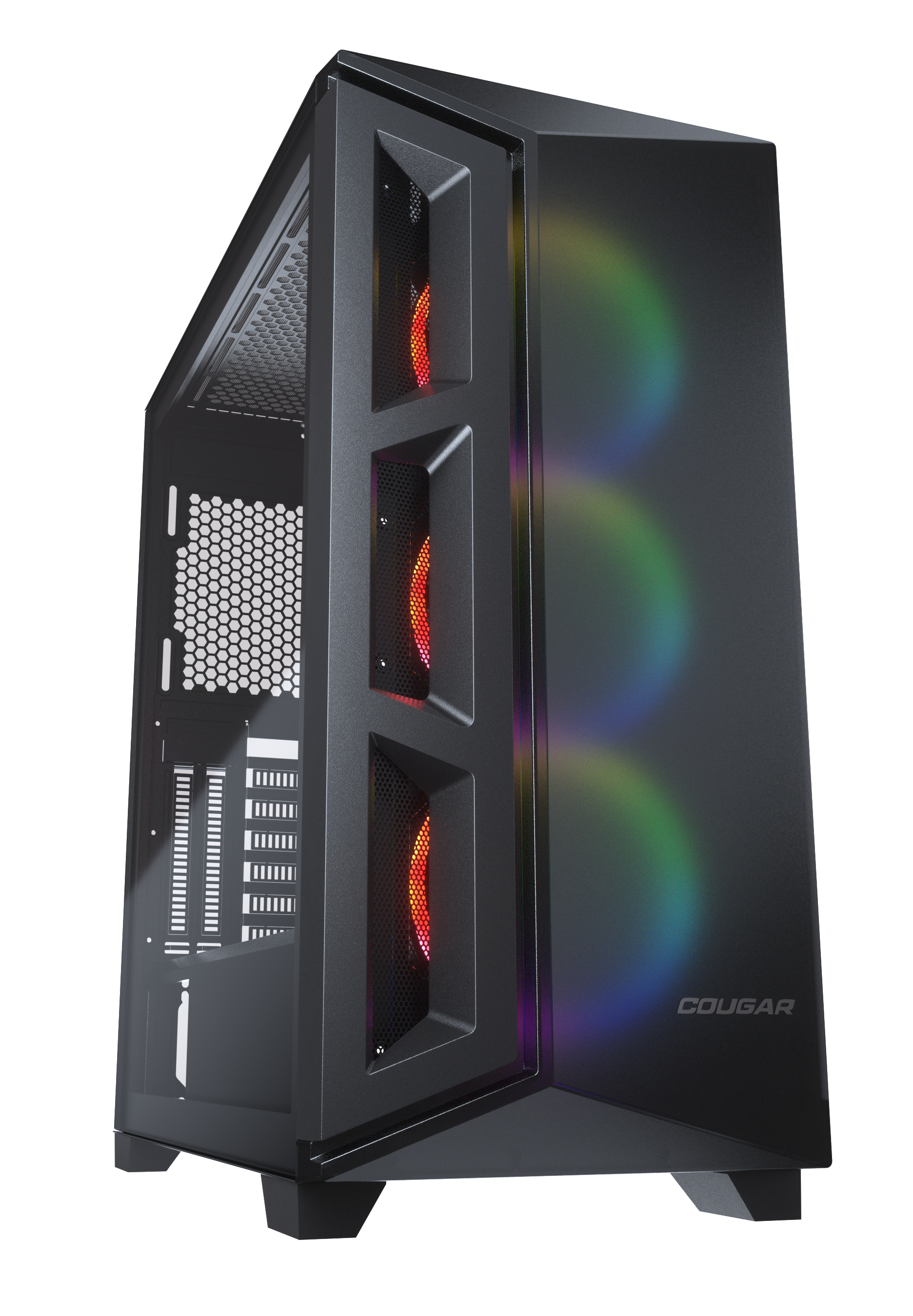 Schwarzes Computergehäuse mit RGB-Lichtern auf der Vorderseite.