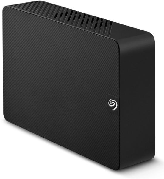 Disque dur Seagate noir avec façade texturée et le logo de l'entreprise sur le côté.