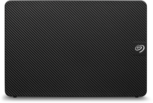 Disque dur externe Seagate noir texturé sur fond blanc.