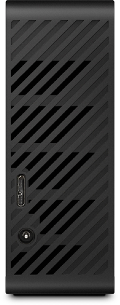 Appareil noir rectangulaire avec des fentes diagonales, un port et une entrée d'alimentation.