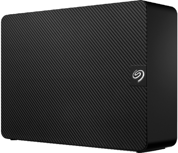 Disque dur externe noir avec surface texturée et logo argenté.