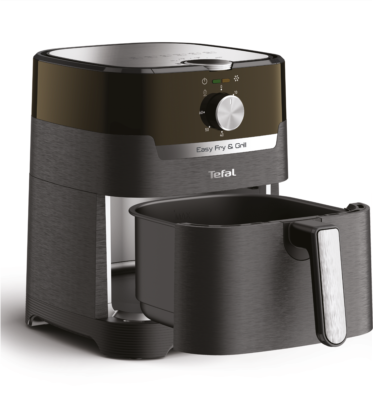 Zwarte en bruine Tefal airfryer met open mand.