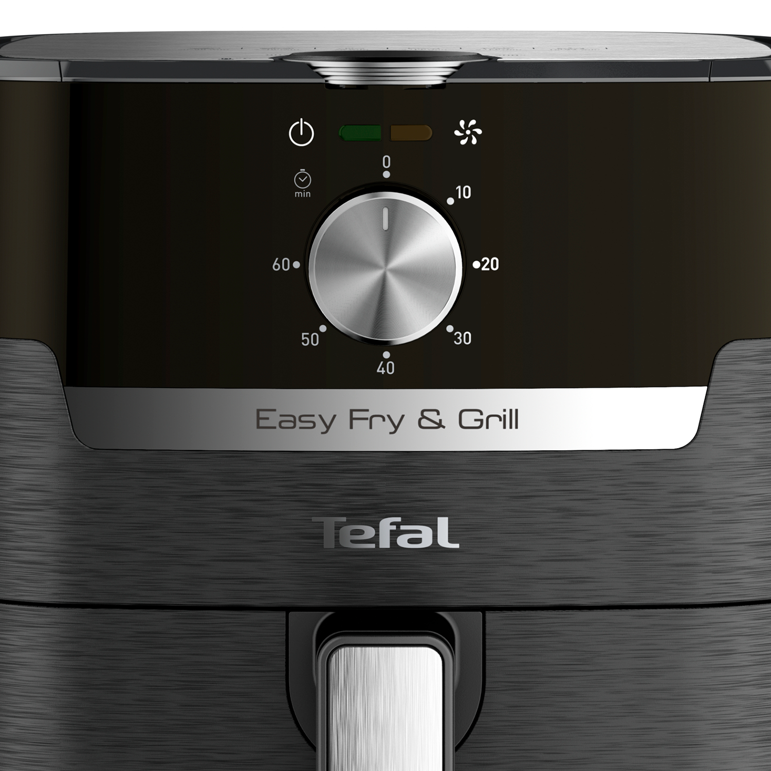 Close-up van het bedieningspaneel van een zwarte Tefal airfryer met een zilveren draaiknop en timer.
