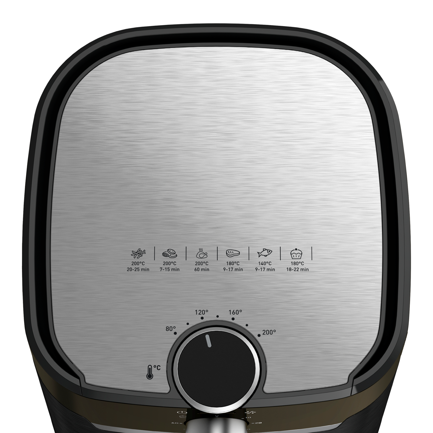 Bovenaanzicht van een airfryer, met een geborsteld metalen interieur en temperatuurregelaars.