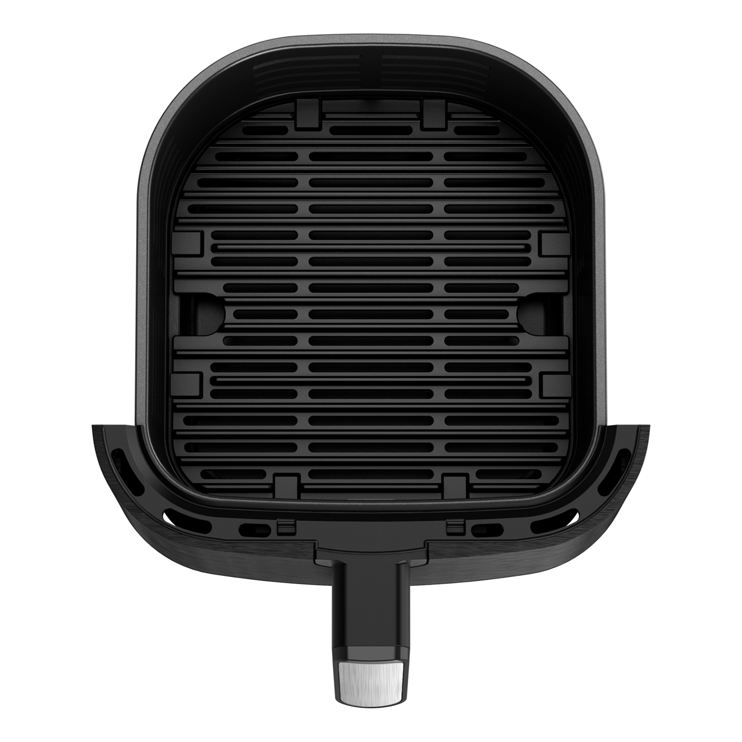 Een lege zwarte airfryer-mand. Het heeft een handvat en een grillbodem.
