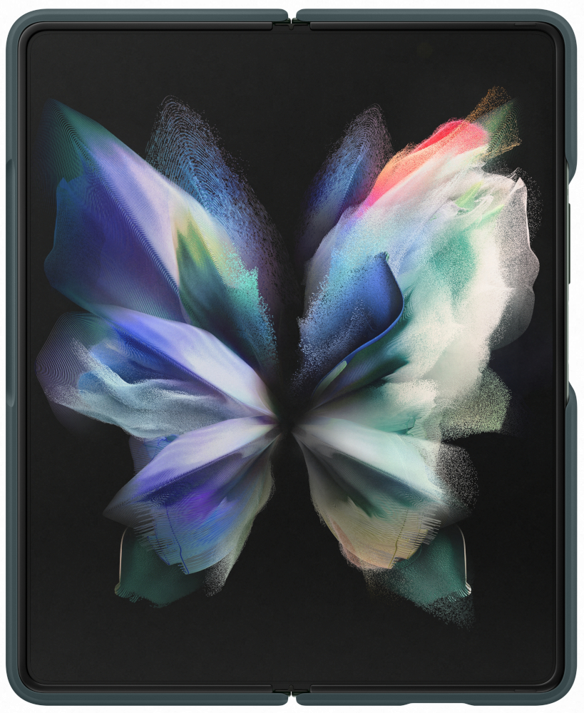 Tablette pliable dans un étui sombre. L'écran affiche un motif abstrait coloré.