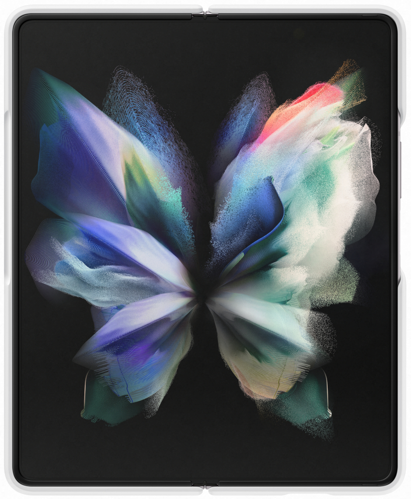 Opvouwbare smartphone met een kleurrijk, abstract scherm. Open, met een levendig display.