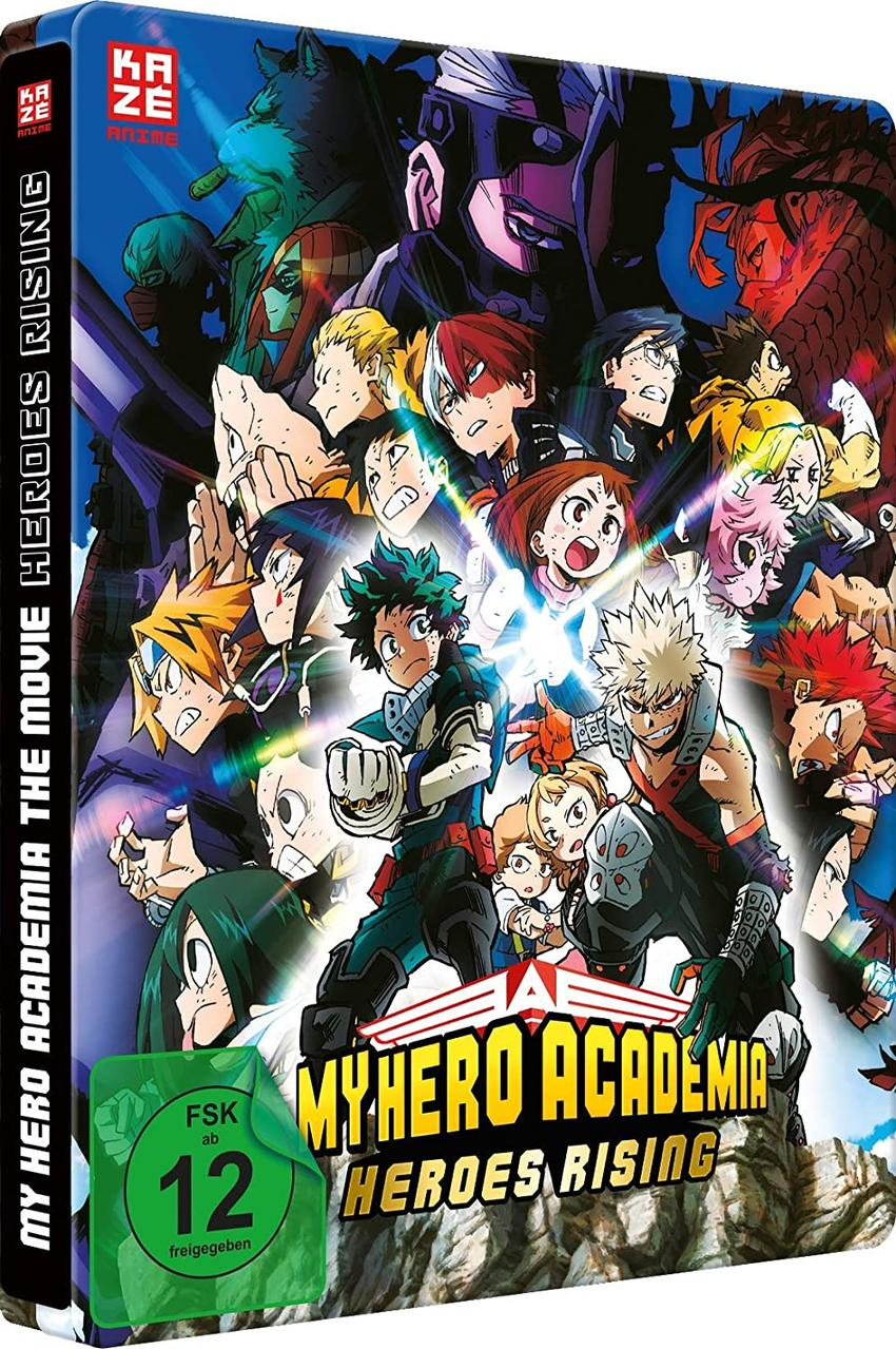 DVD-Hülle von My Hero Academia: Heroes Rising, mit vielen Anime-Charakteren auf dem Cover.