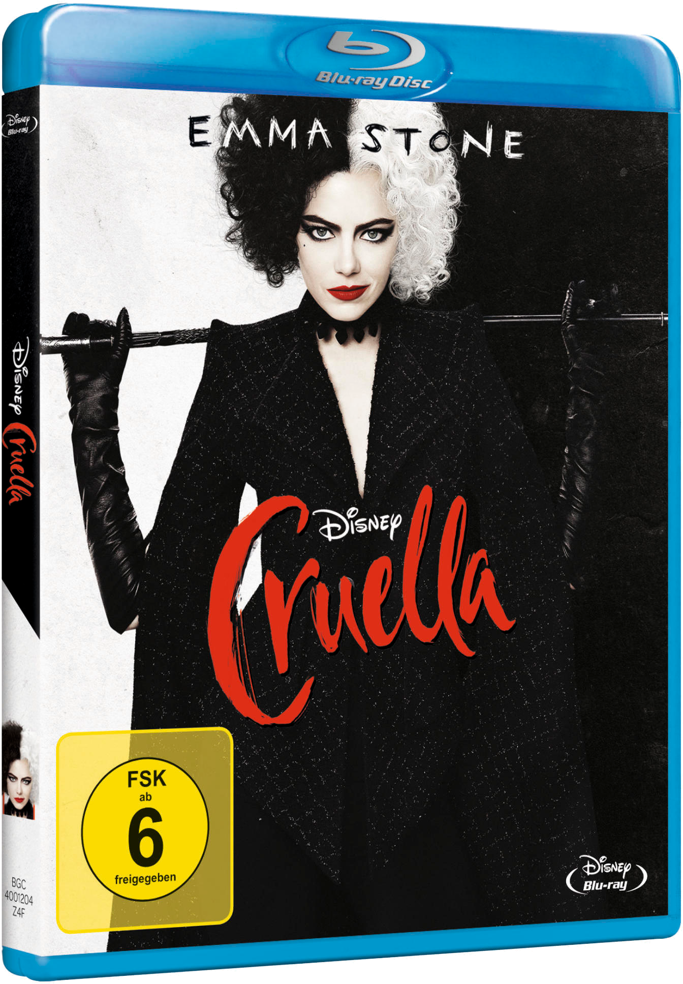 DVD-Hülle von Cruella, mit Emma Stone in Schwarz-Weiß-Outfit. Blu-ray-Label sichtbar.