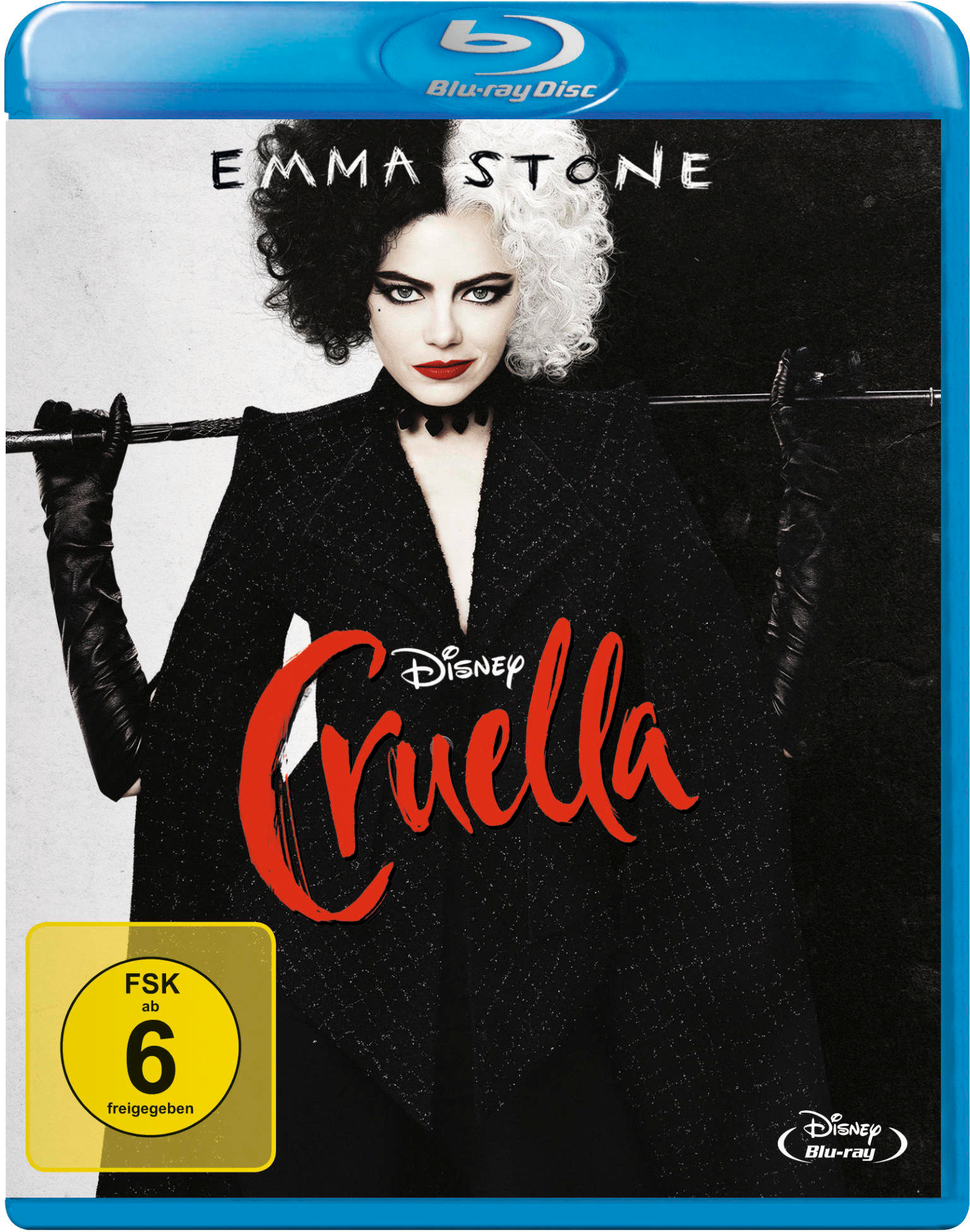 Blu-ray Disc Cover von Cruella, mit Emma Stones Gesicht und dem Disney-Logo.
