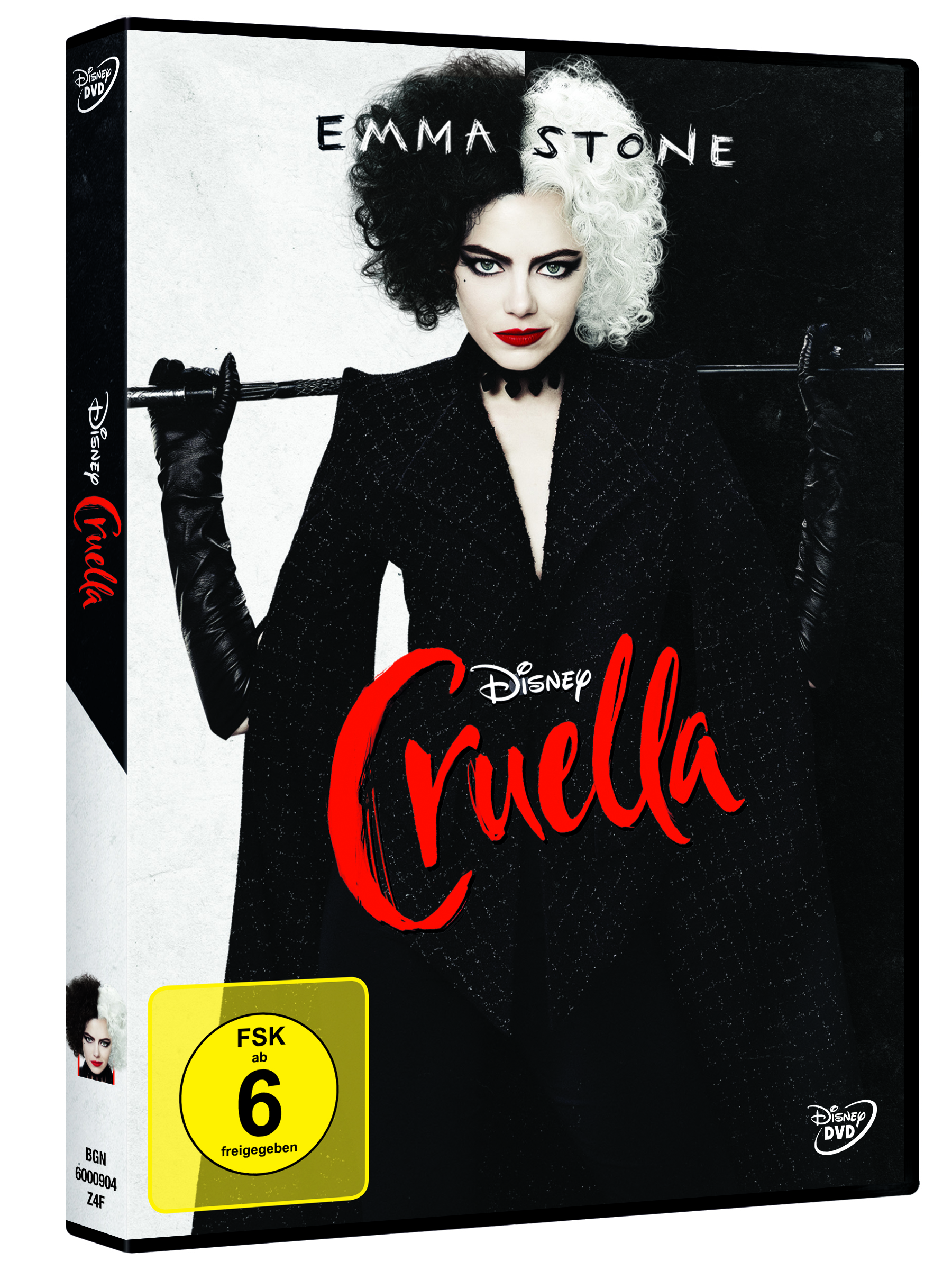 DVD-Cover von Cruella, mit Emma Stone mit schwarz-weißem Haar.