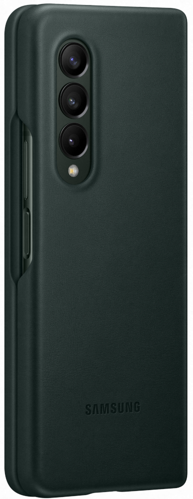 Un étui de téléphone vert foncé avec trois caméras et un logo Samsung.