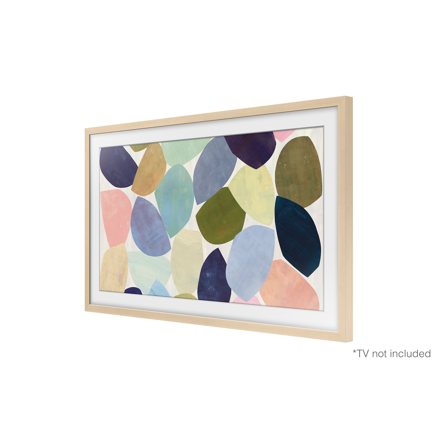 Una obra de arte abstracta en un marco de madera clara, con el texto '*TV no incluido'.