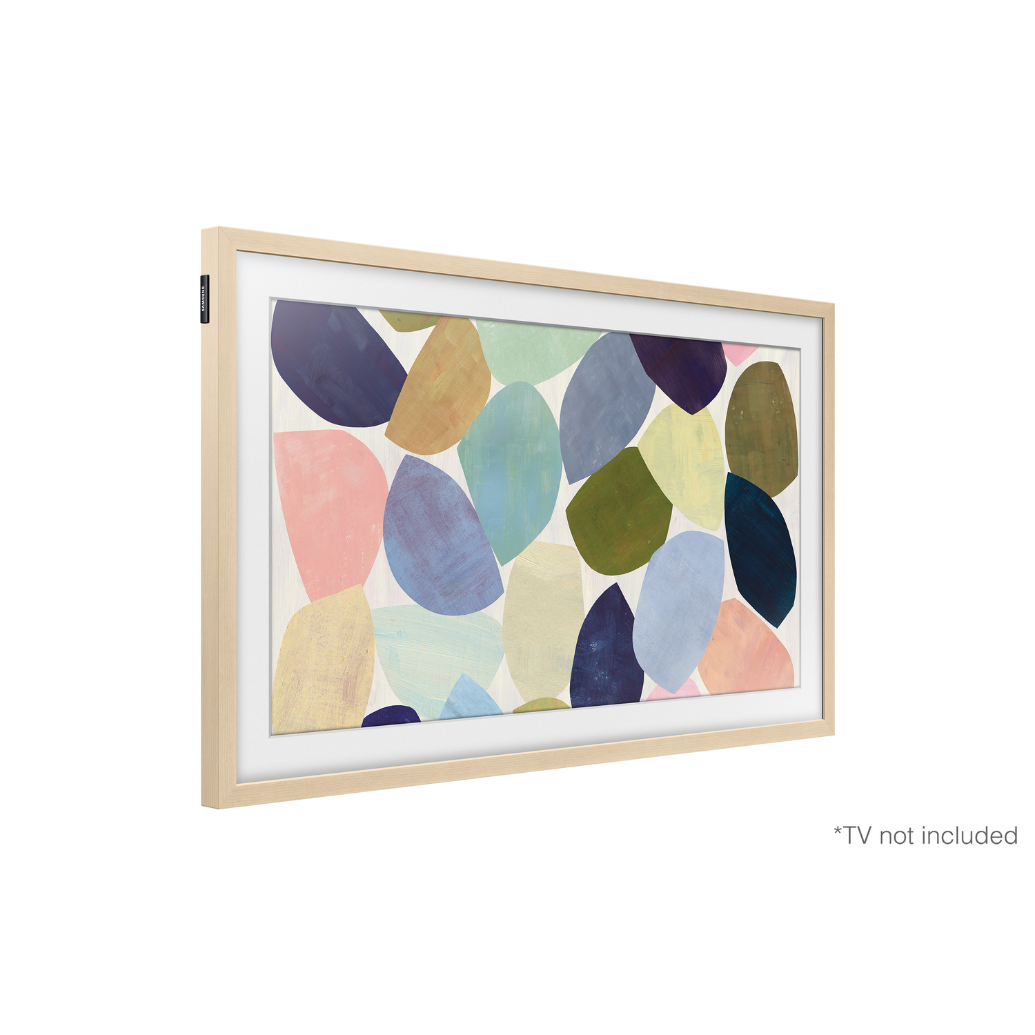 Una obra de arte enmarcada, con formas orgánicas coloridas, sobre un fondo blanco.