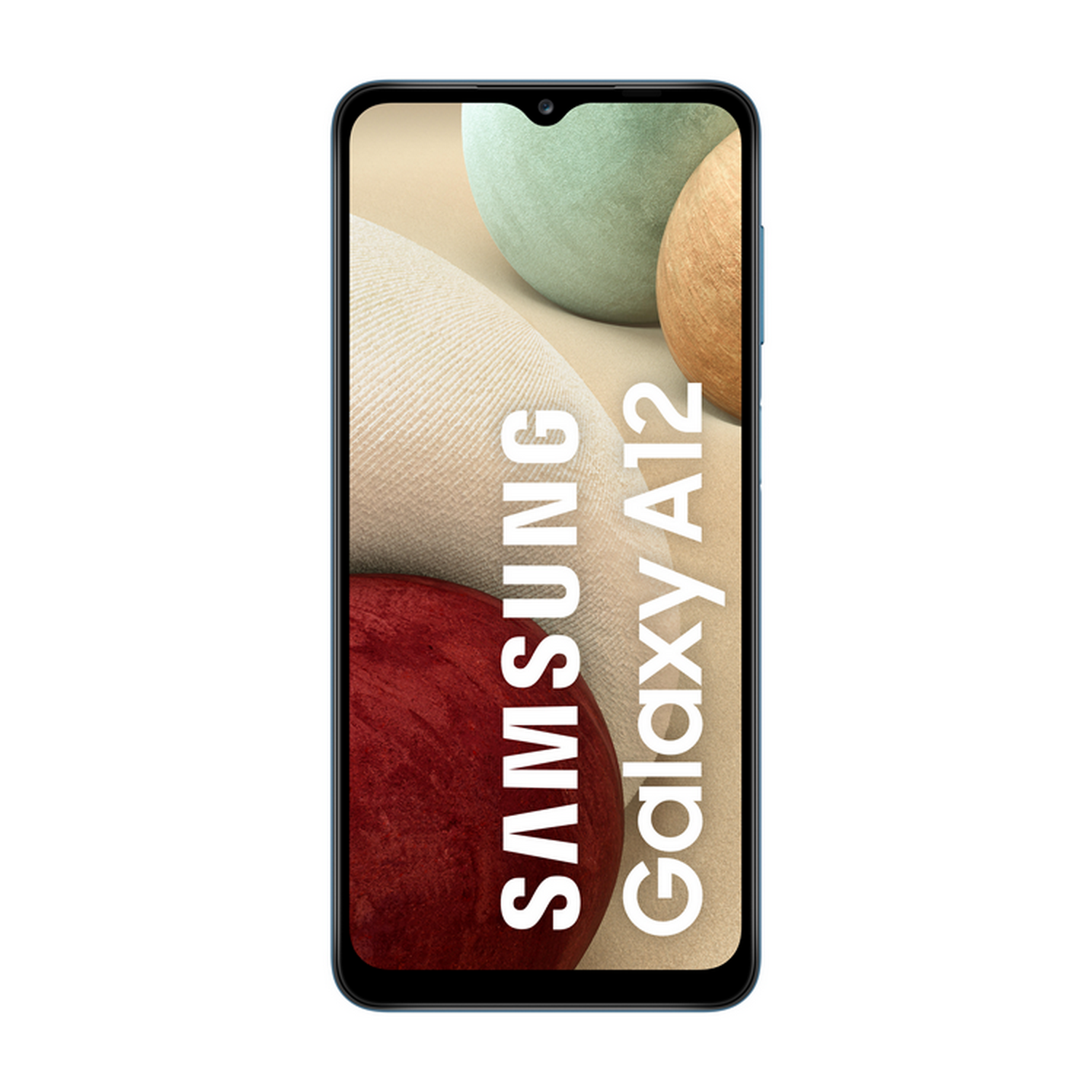 Un teléfono inteligente Samsung Galaxy A12 con una pantalla negra que muestra formas abstractas coloridas.