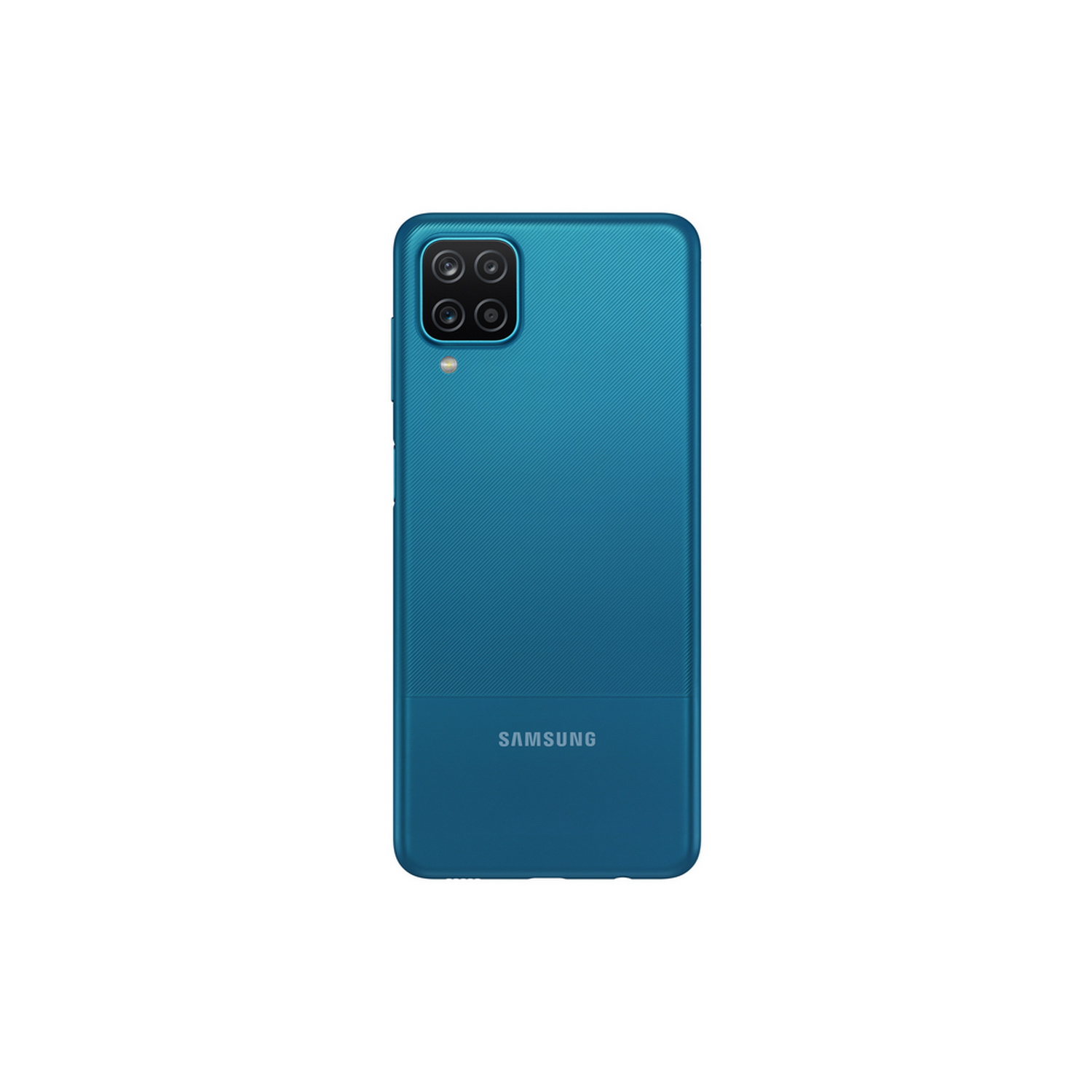 La parte trasera de un teléfono Samsung Galaxy A12 turquesa, mostrando el conjunto de cámaras y la marca.