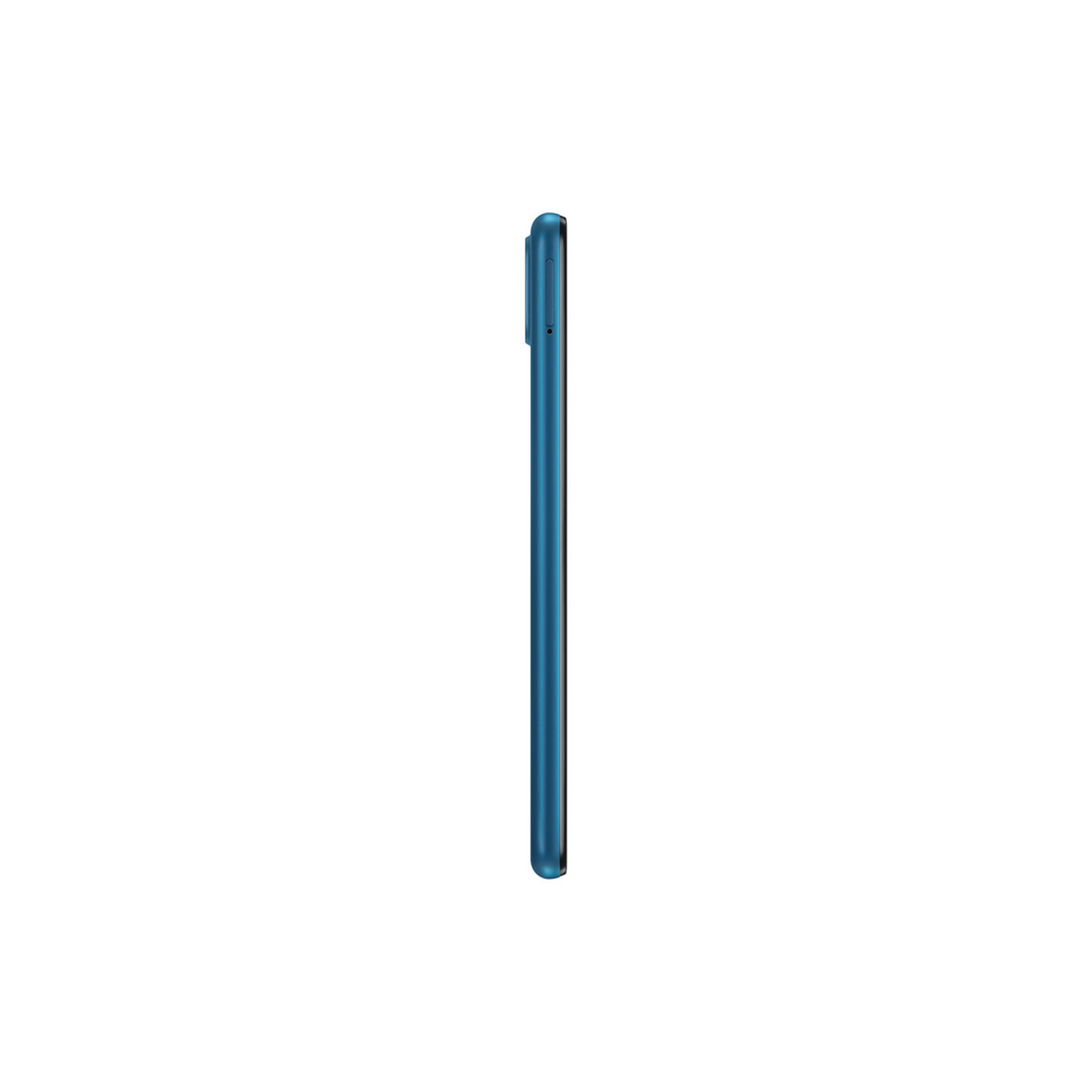 Un teléfono inteligente azul visto de lado. Es delgado y tiene una cámara en la parte superior.
