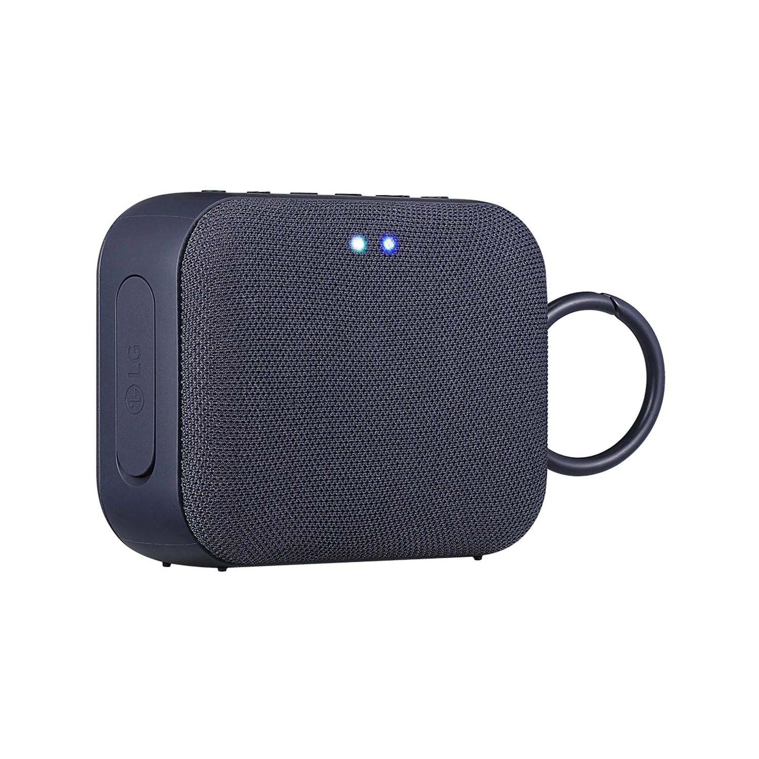 Un altavoz portátil LG negro y azul con un asa.