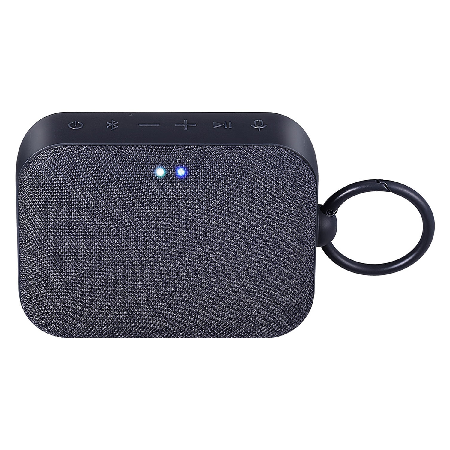 Altavoz Bluetooth pequeño, azul oscuro y rectangular. Tiene un lazo negro para colgar.