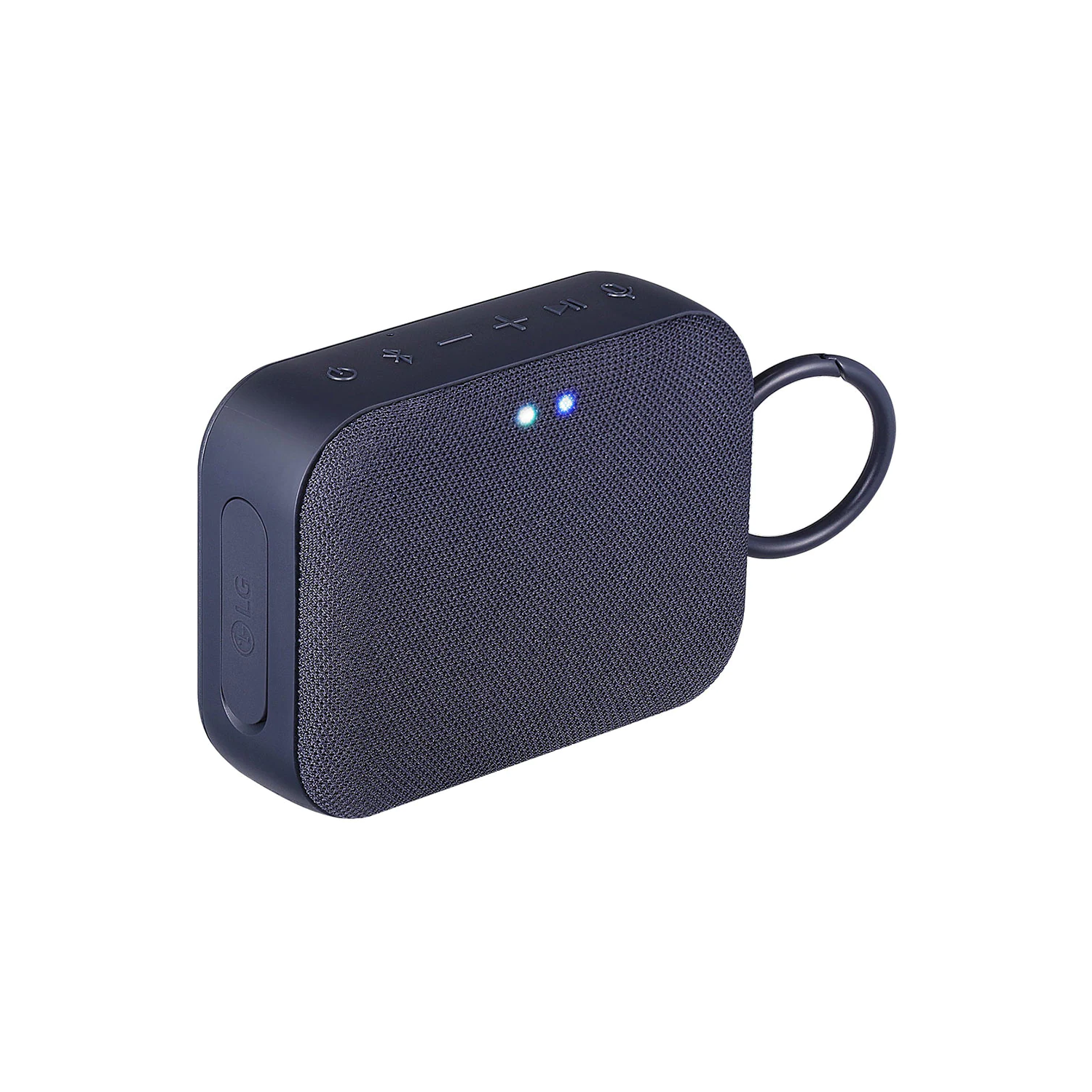 Altavoz portátil LG azul oscuro con asa y botones de control.