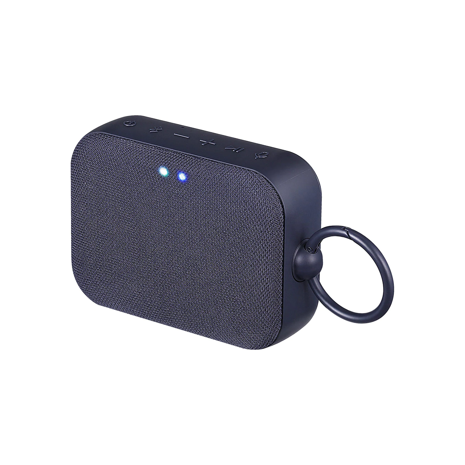 Un altavoz Bluetooth rectangular pequeño, azul oscuro, con un anillo y botones negros.