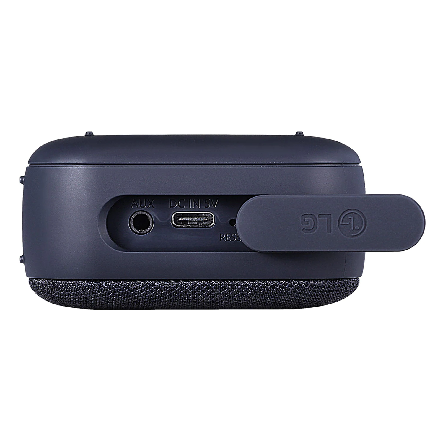 Altavoz LG azul oscuro con puertos AUX, CC y USB, y el logotipo de LG.