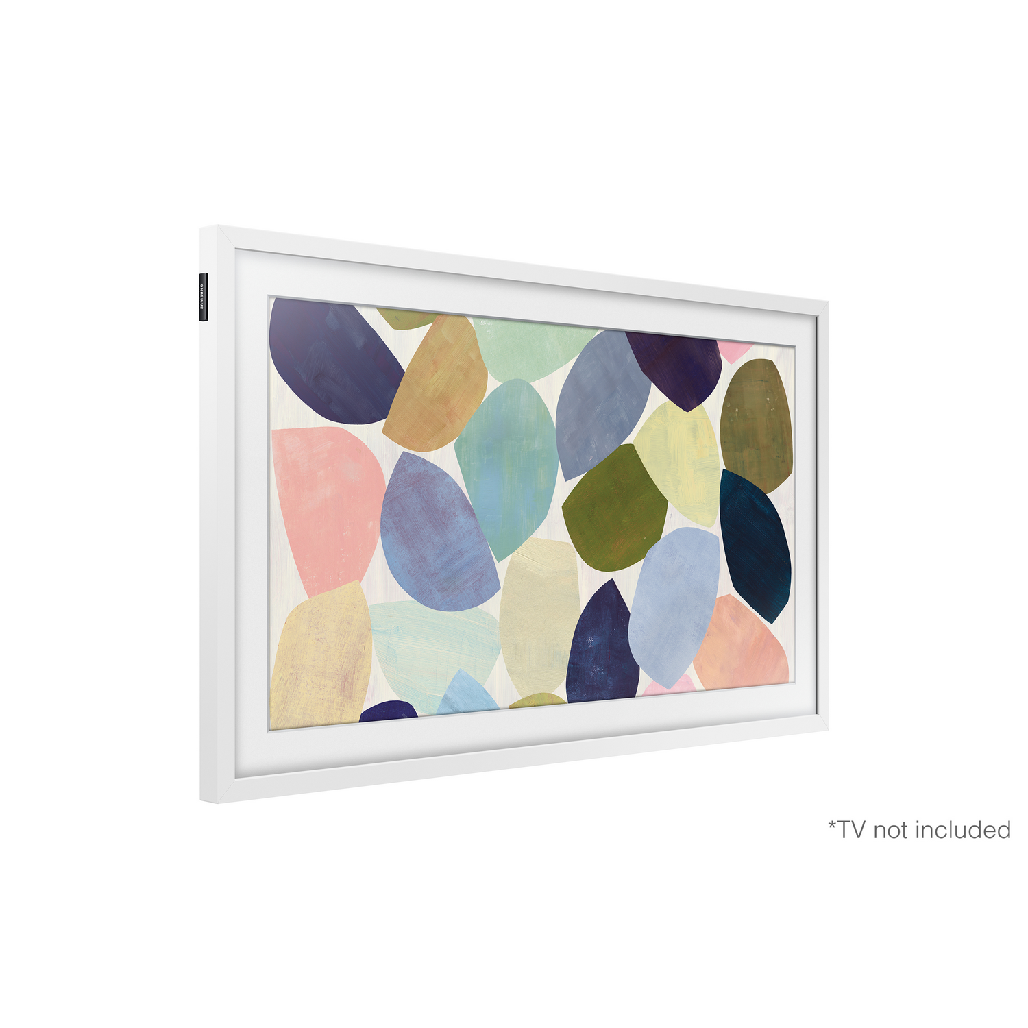 Un televisor con marco blanco muestra un patrón abstracto y colorido de formas sobre un fondo blanco.