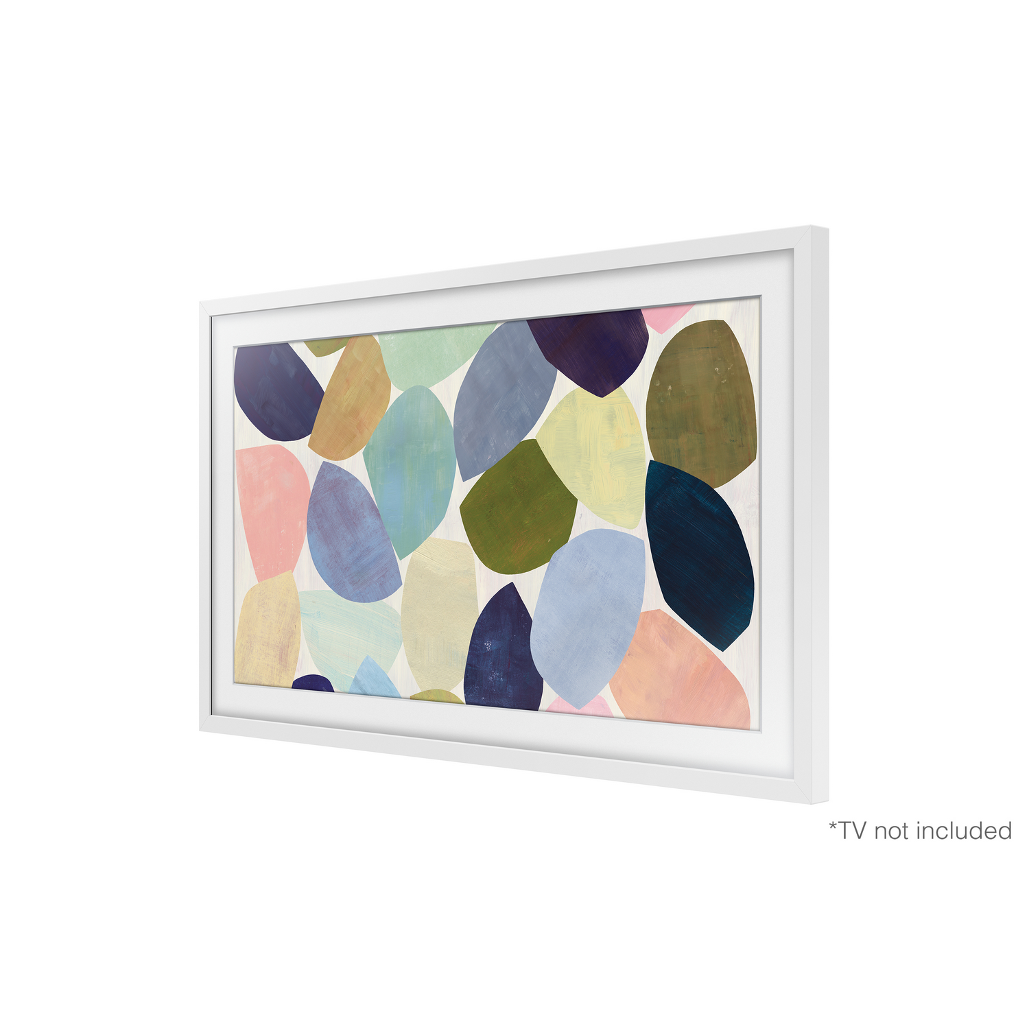 Una pintura en un marco blanco con formas abstractas coloridas.