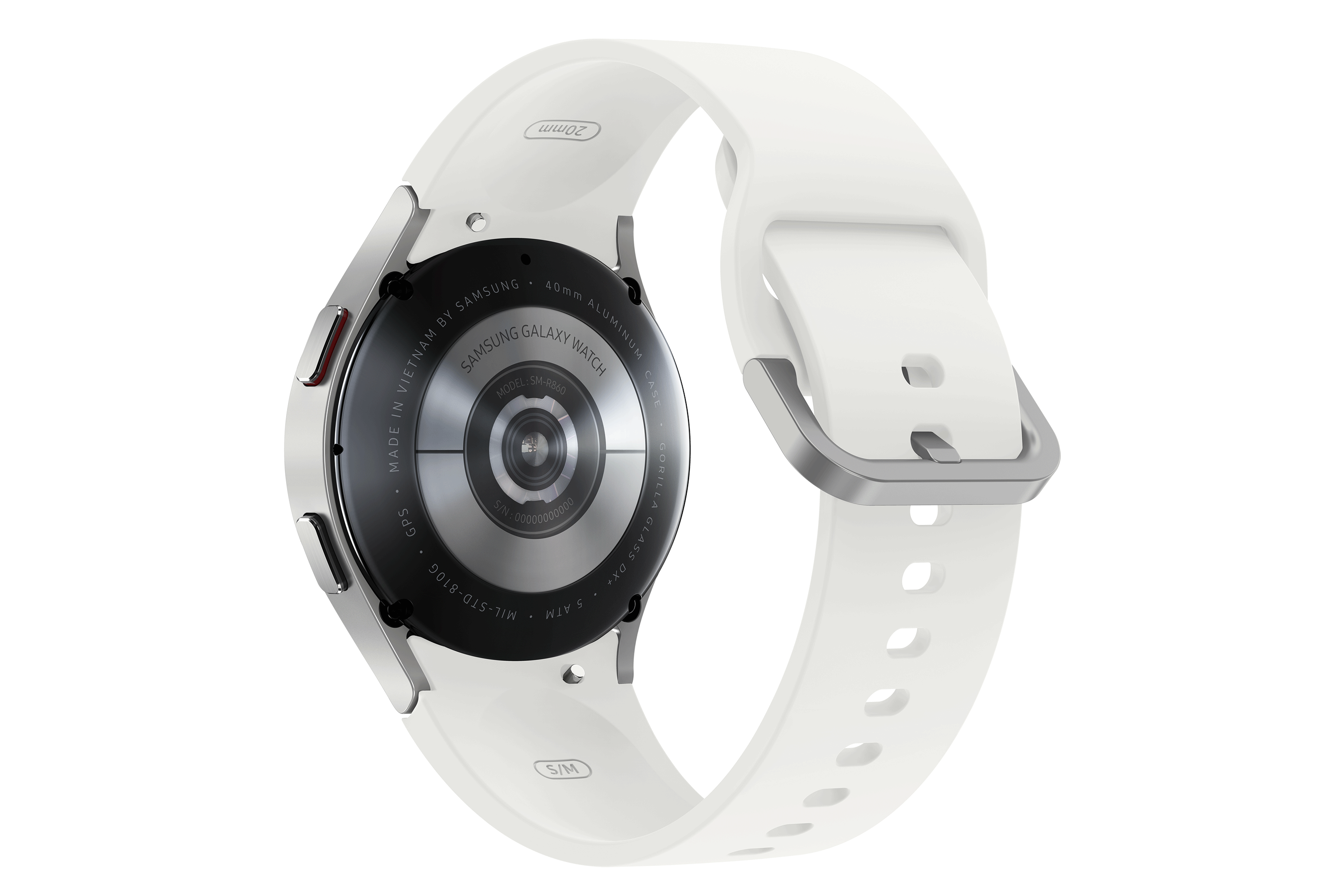 Egy fehér Samsung Galaxy Watch fehér szíjjal. A hátoldalon láthatók a részletek, mint a modell és a méret.