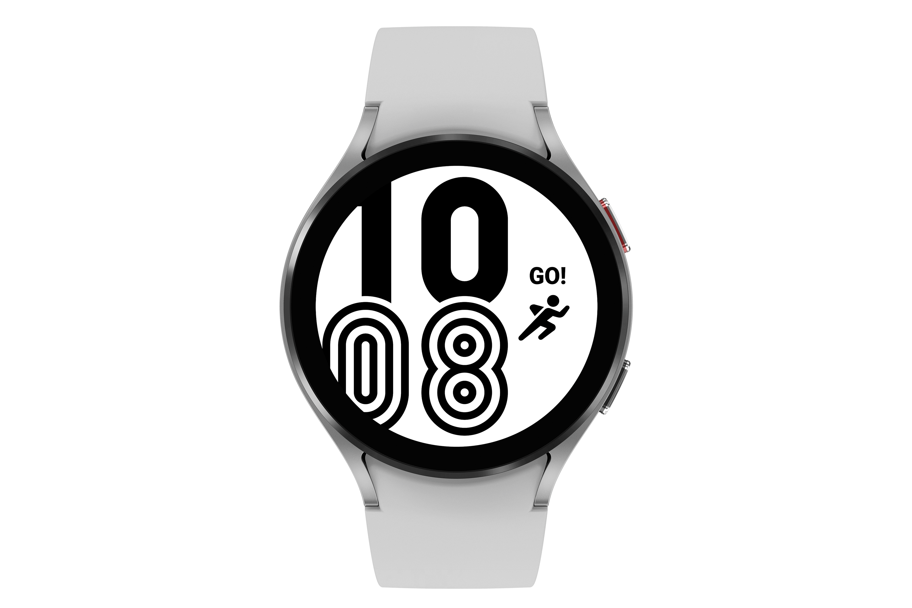 Egy okosóra fehér szíjjal és fekete képernyővel, amelyen a '10 08' és egy futó ikon látható, 'GO!'-val.