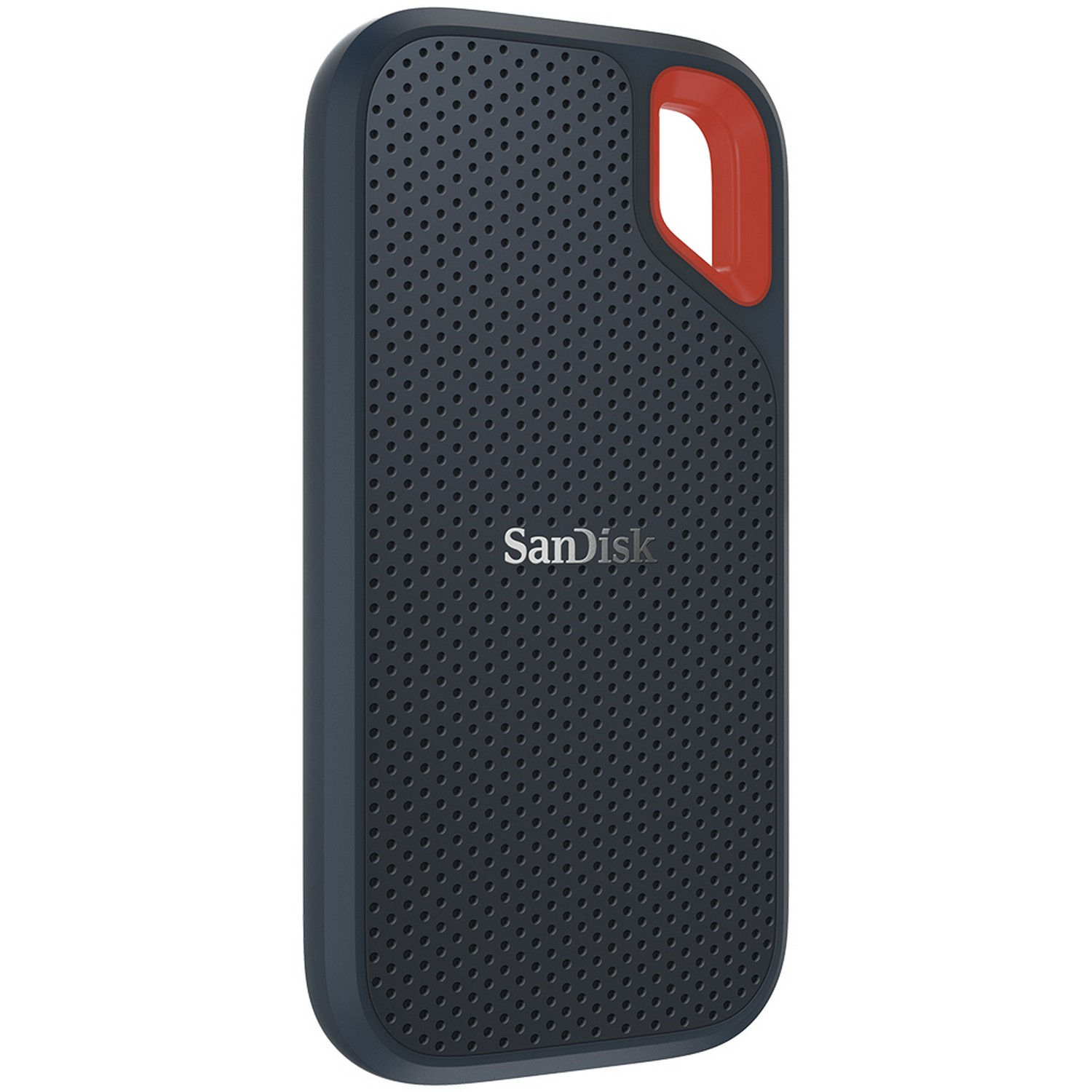 Disco duro portátil SanDisk azul oscuro con un acento rojo.
