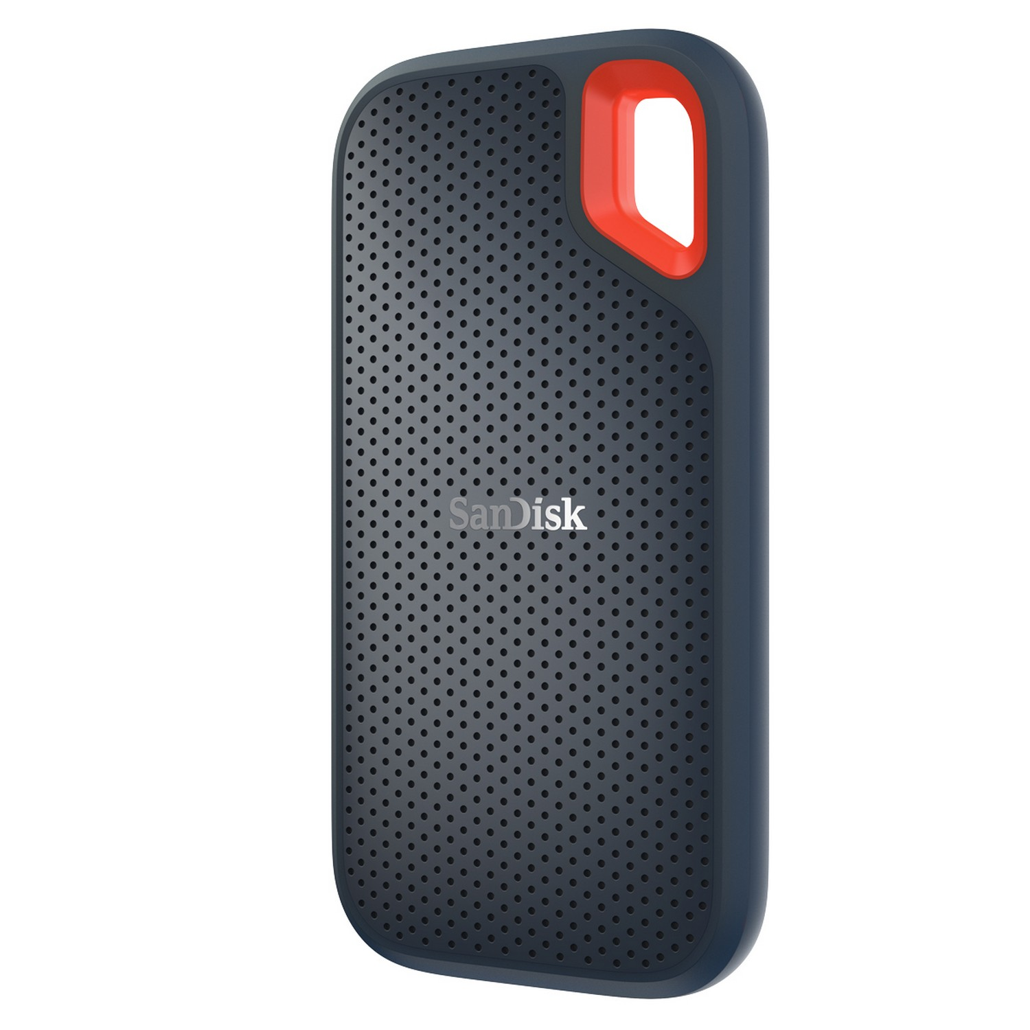 Disco duro externo portátil azul oscuro y negro. Cuenta con un acento rojo. Logotipo de SanDisk.