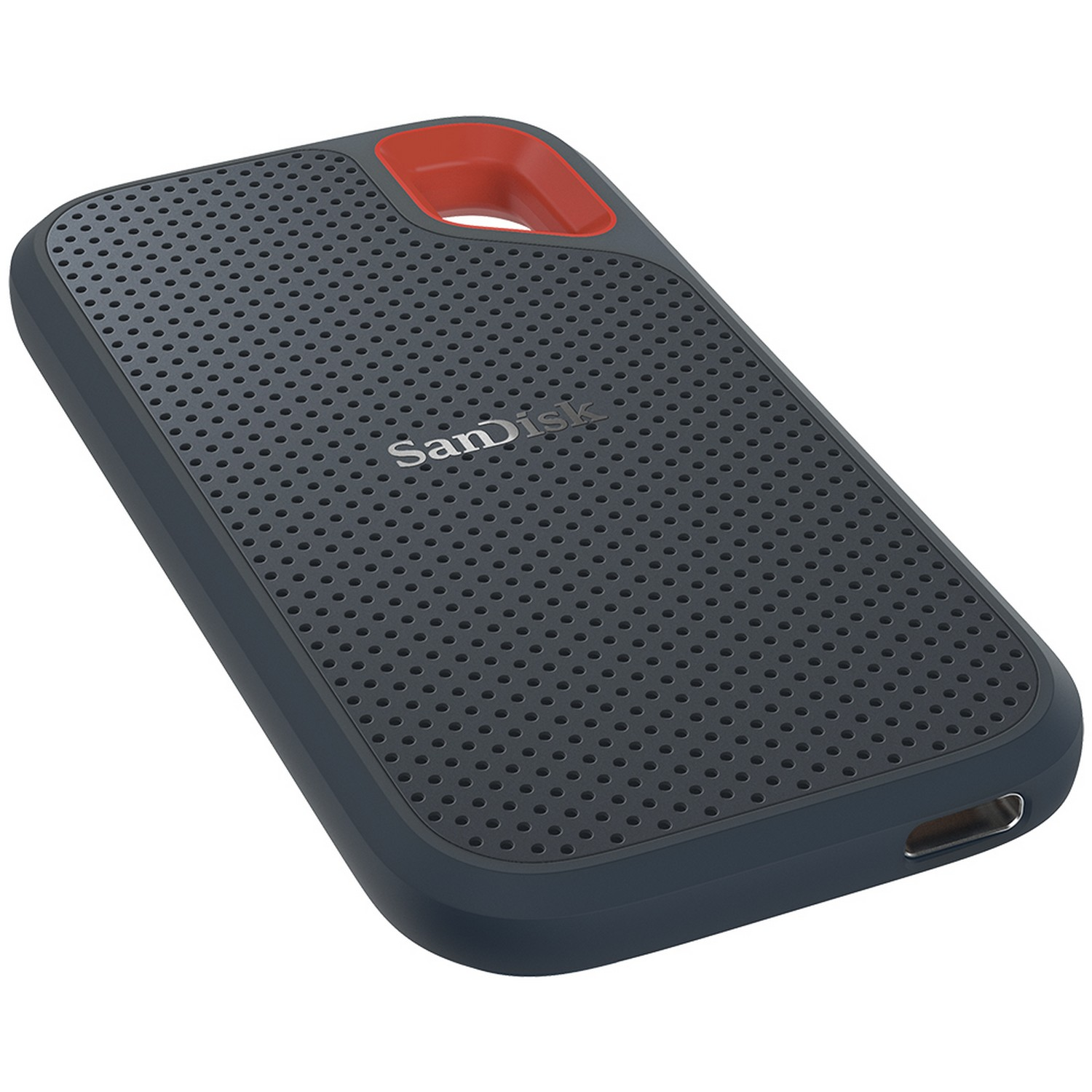 Disco duro externo gris oscuro, con lazo naranja y superficie perforada.